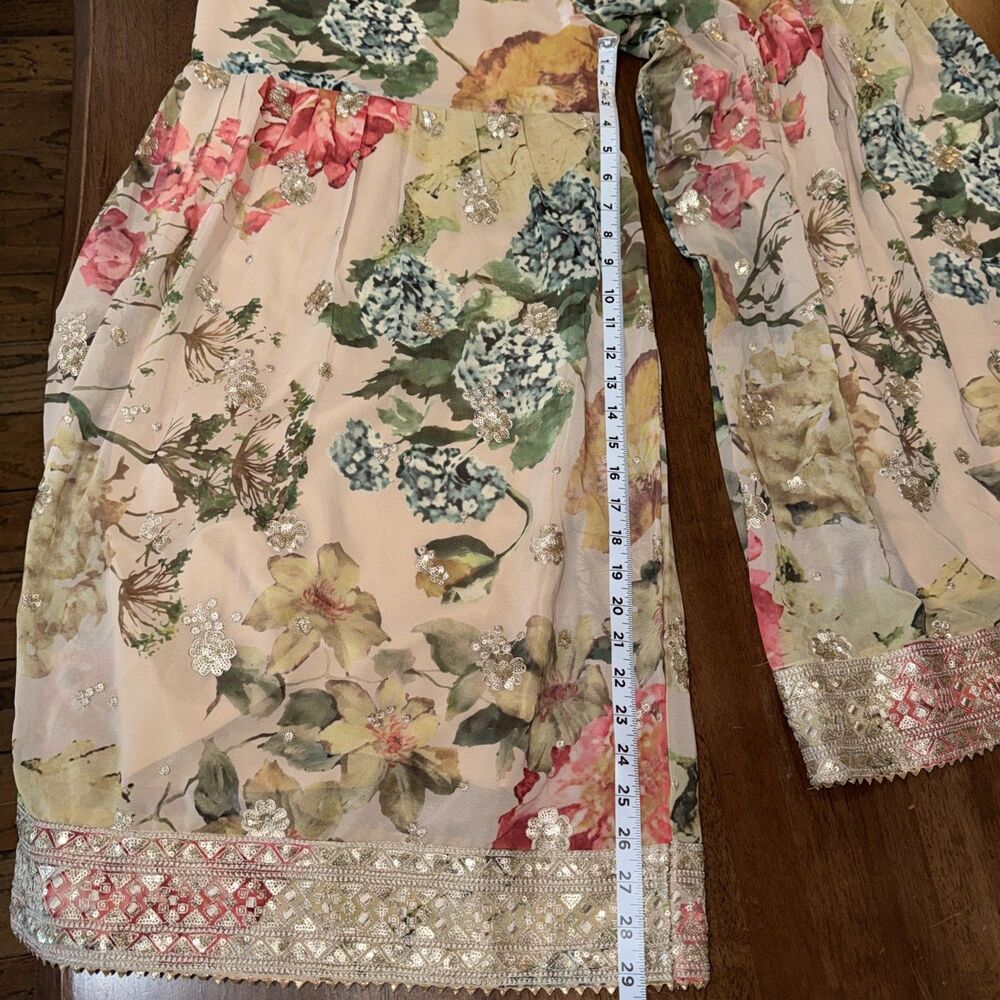 Floral Chiffon Palazzo Pants Wide Leg Beaded Sequin Lined Skirt Look Boho L - Picture 10 of 11